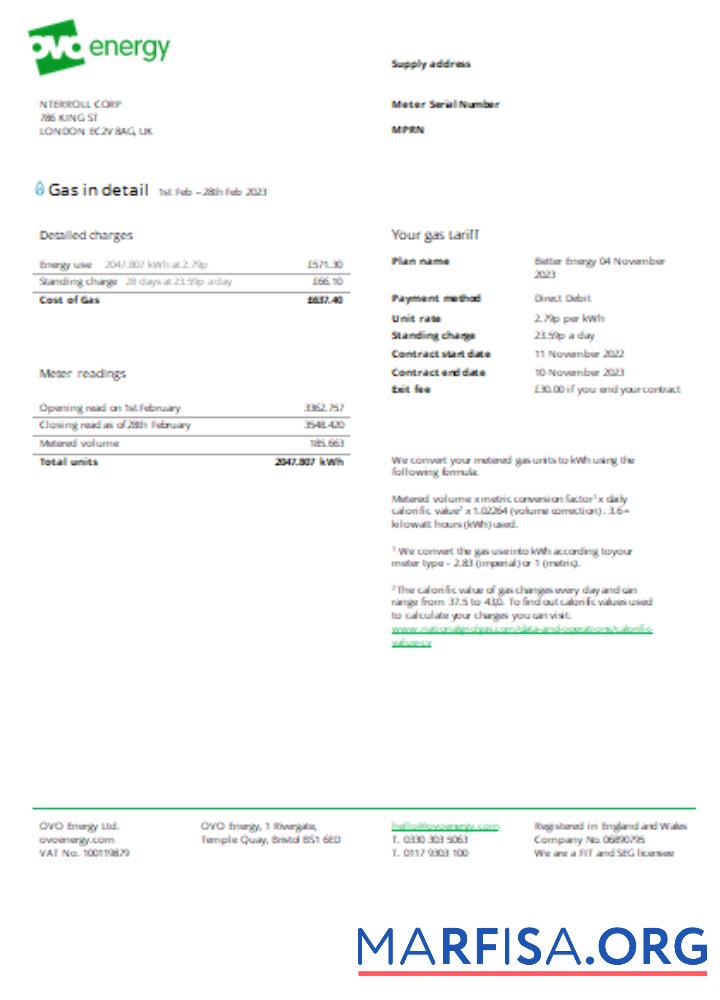 Downloadable Ovo Energy utility business bill, SCR sample